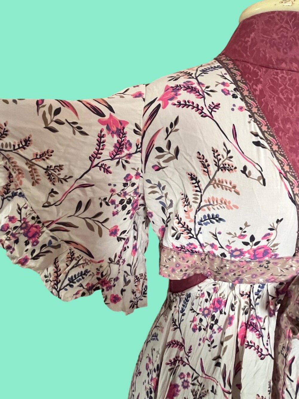 Floral High-Low Wrap Dress With Ruffle Hem Bell Sleeves & Tie Waist Beige & Pink - Picture 5 of 11